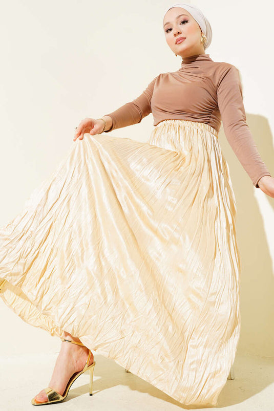 Satin Look Crinkle Skirt Beige
