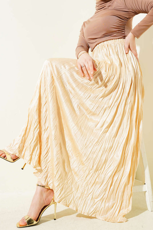 Satin Look Crinkle Skirt Beige