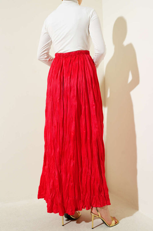 Satin Look Crinkle Skirt Red