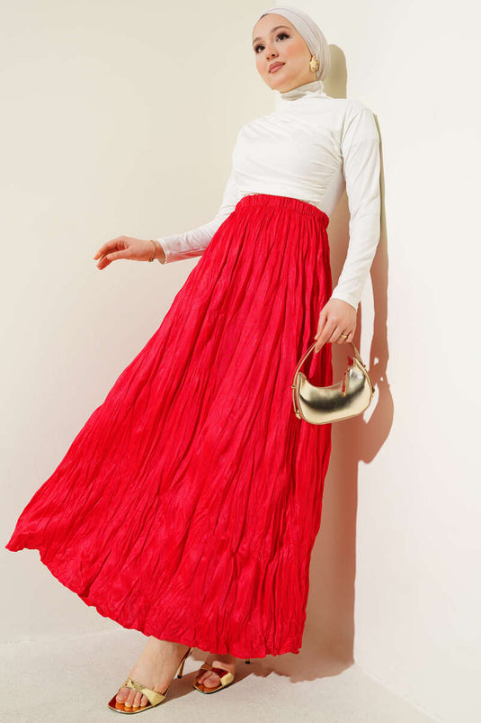 Satin Look Crinkle Skirt Red
