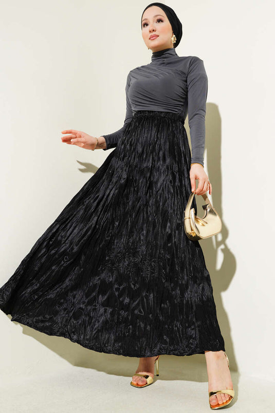 Satin Look Crinkle Skirt Black