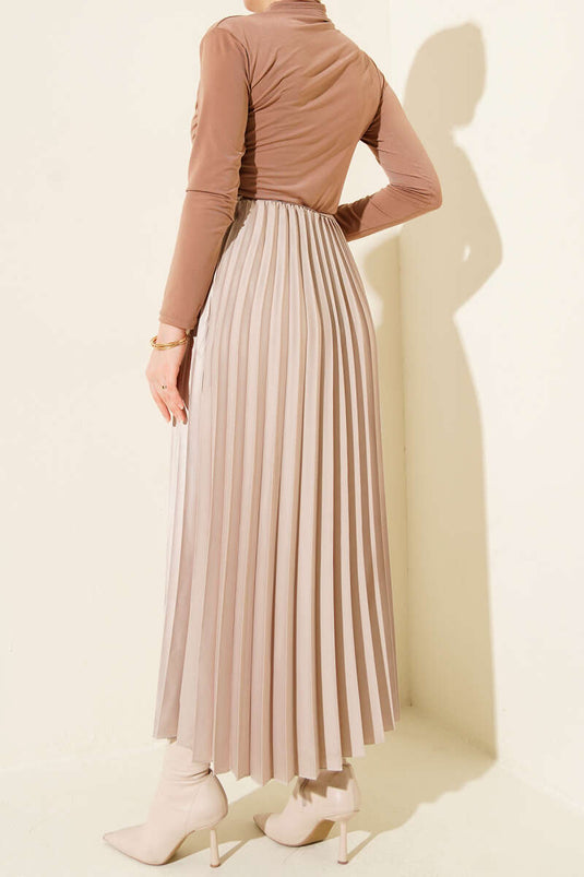 Satin-Look Pleated Skirt, Beige