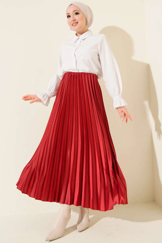 Satin-Look Pleated Skirt, Burgundy