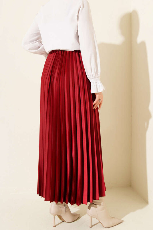 Satin-Look Pleated Skirt, Burgundy