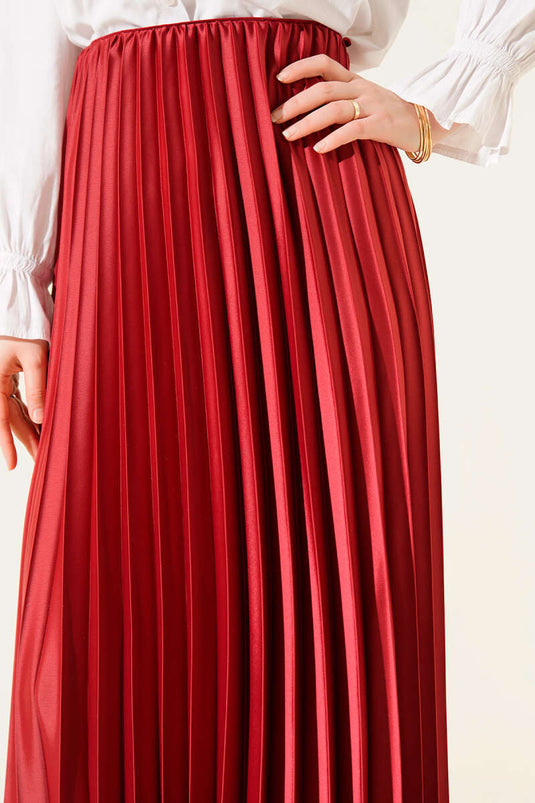 Saten Görünümlü Pileli Etek Bordo