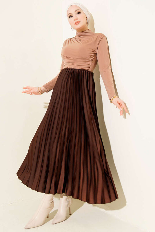 Satin-Look Pleated Skirt, Brown