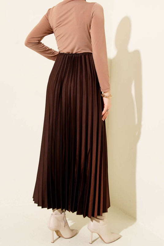 Satin-Look Pleated Skirt, Brown