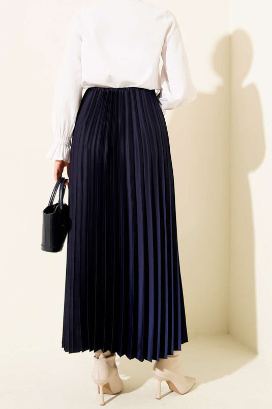 Saten Görünümlü Pileli Etek Lacivert