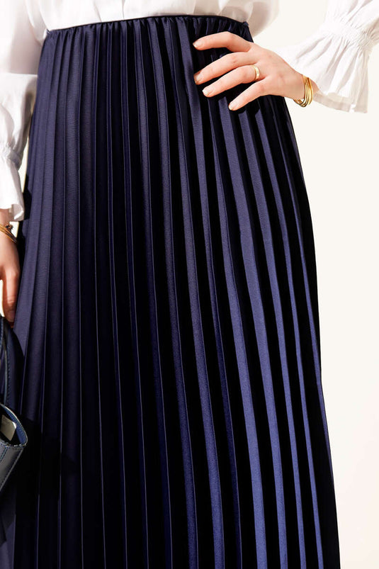 Gonna plissettata effetto raso, blu navy