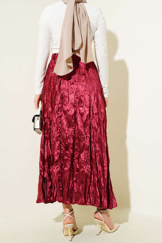 Saten Kırışık Etek Bordo