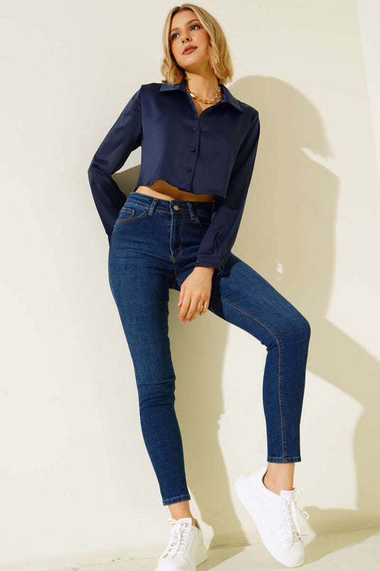 Satin Short Shirt Navy Blue