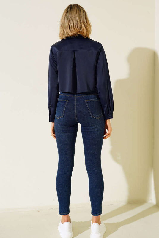 Satin Short Shirt Navy Blue