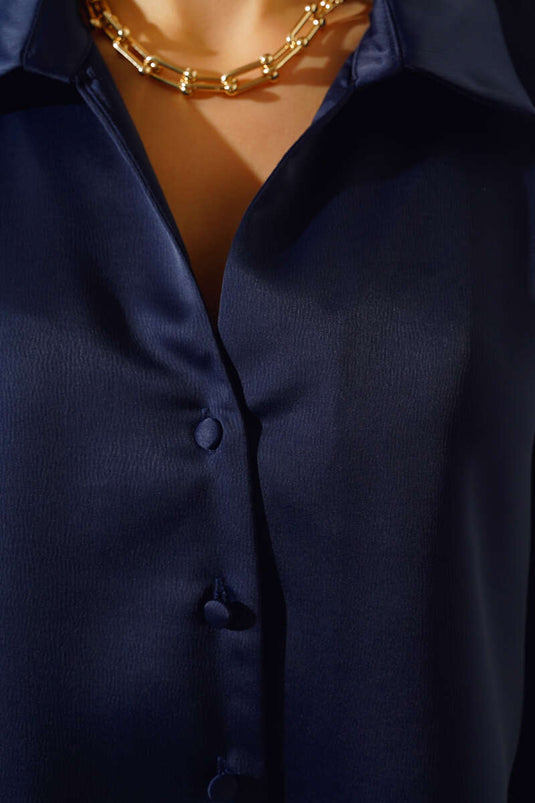Satin Short Shirt Navy Blue