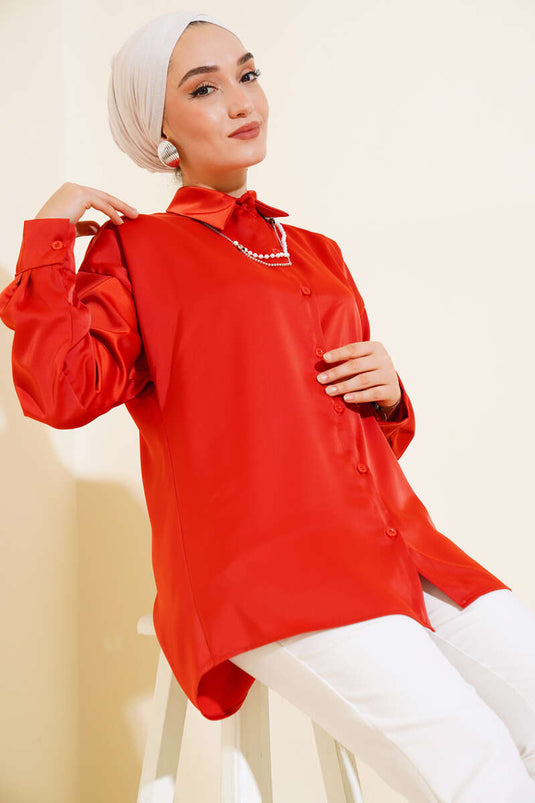 Satin Oversized Shirt Brick