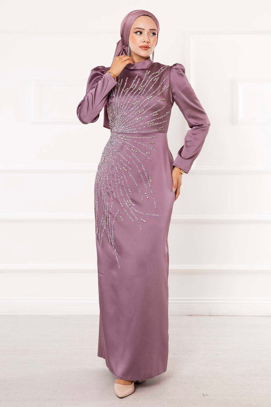 Robe de soirée hijab design pierre satinée lilas