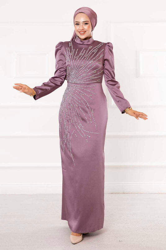 Robe de soirée hijab design pierre satinée lilas
