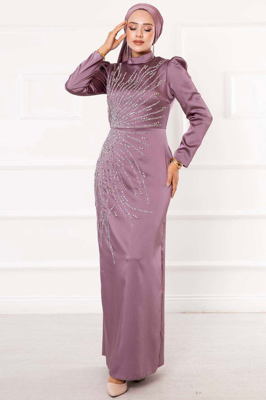 Robe de soirée hijab design pierre satinée lilas