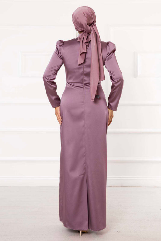 Robe de soirée hijab design pierre satinée lilas