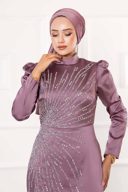 Robe de soirée hijab design pierre satinée lilas