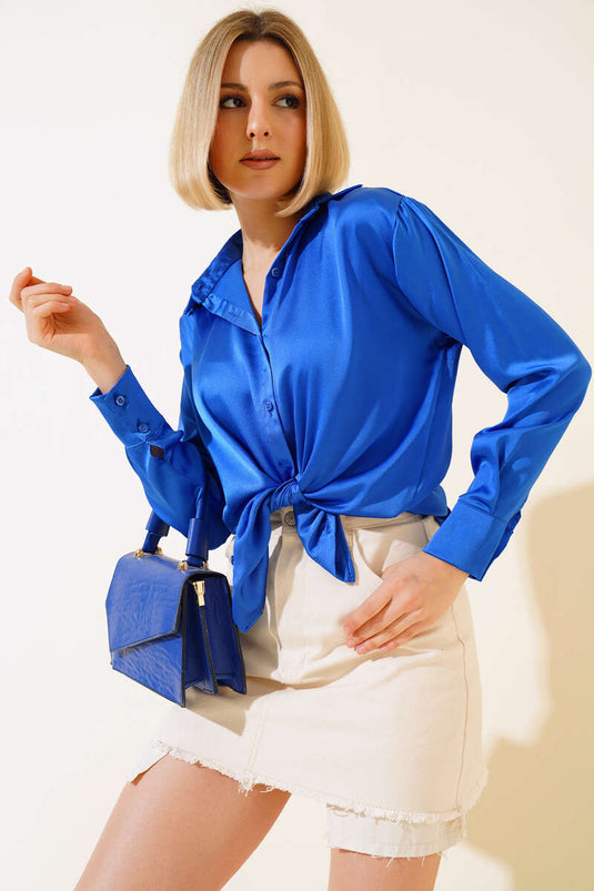Satin Long Sleeve Shirt Royal Blue