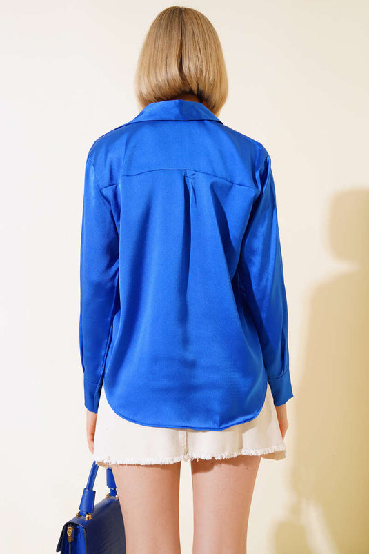 Satin Long Sleeve Shirt Royal Blue