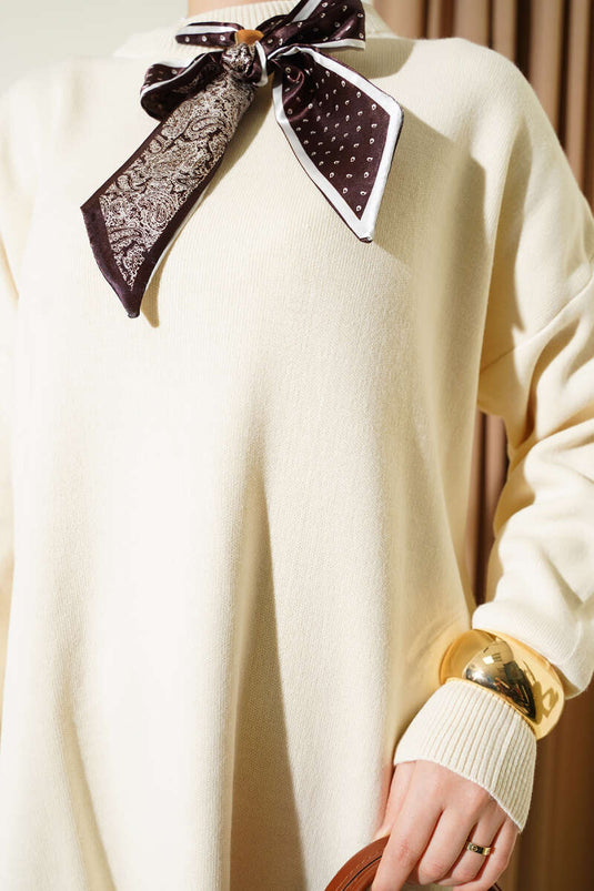 Saten Yaka Fularlı Triko Tunik Bej