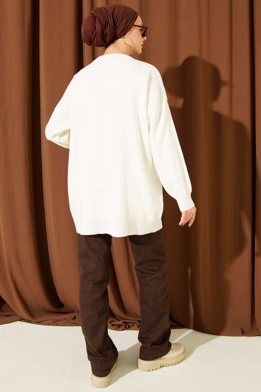 Saten Yaka Fularlı Triko Tunik Ekru