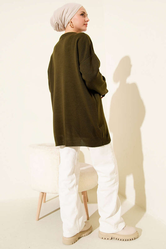 Maglia tunica in maglia con sciarpa a collo a satin, colore verde oliva