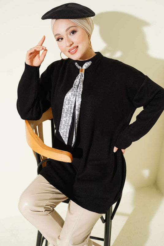 Saten Yaka Fularlı Triko Tunik Siyah