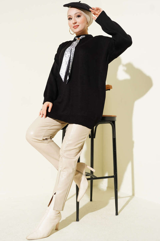 Saten Yaka Fularlı Triko Tunik Siyah