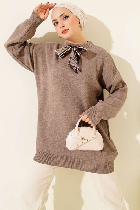 Saten Yaka Fularlı Triko Tunik Vizon