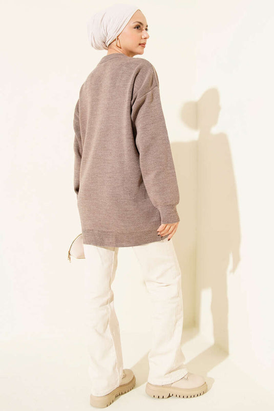 Saten Yaka Fularlı Triko Tunik Vizon