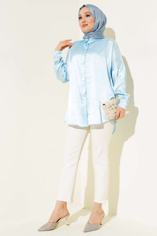Satin Bat Sleeve Shirt Ice Blue