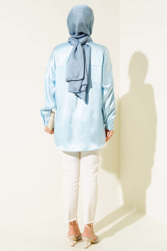 Chemise Satin Manches Chauve Souris Bleu Glace