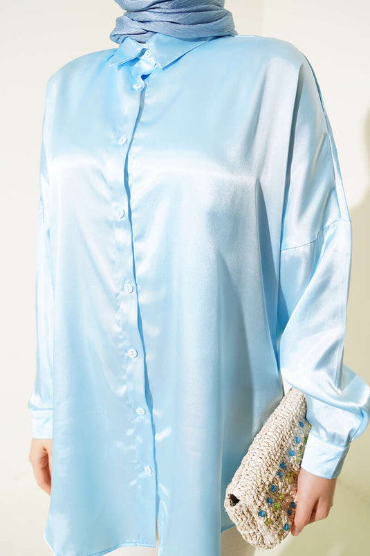 Chemise Satin Manches Chauve Souris Bleu Glace