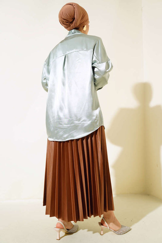 Satin Batwing Sleeve Shirt in Almond Green