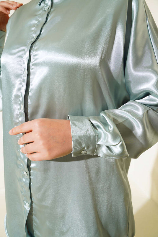 Satin Batwing Sleeve Shirt in Almond Green