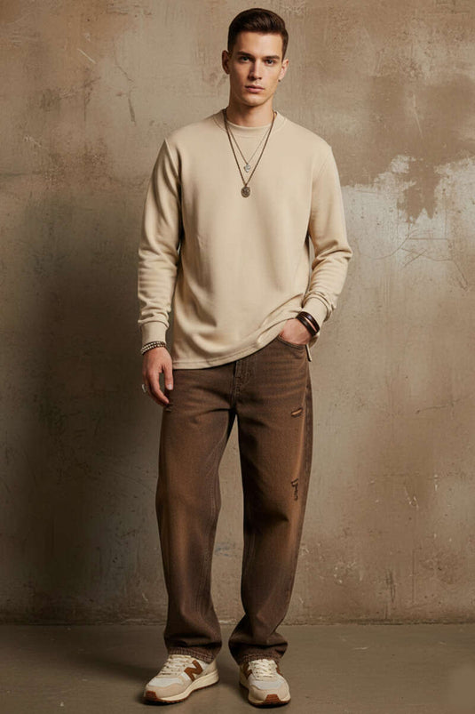 Sweat-shirt homme à col vélo beige Scuba