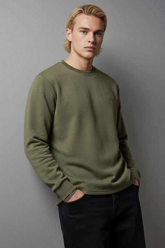 سويت شيرت رجالي برقبة دراجة غطس بلون زيتي