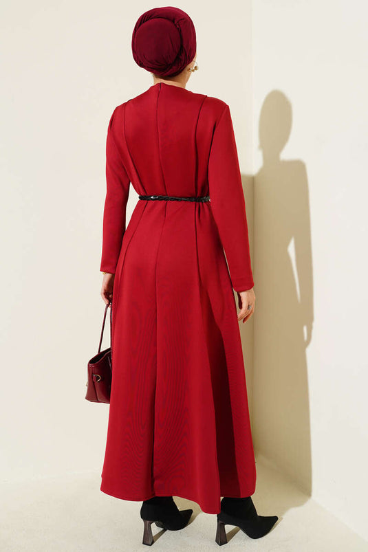 Scuba Leather Belted Dress Burgundy