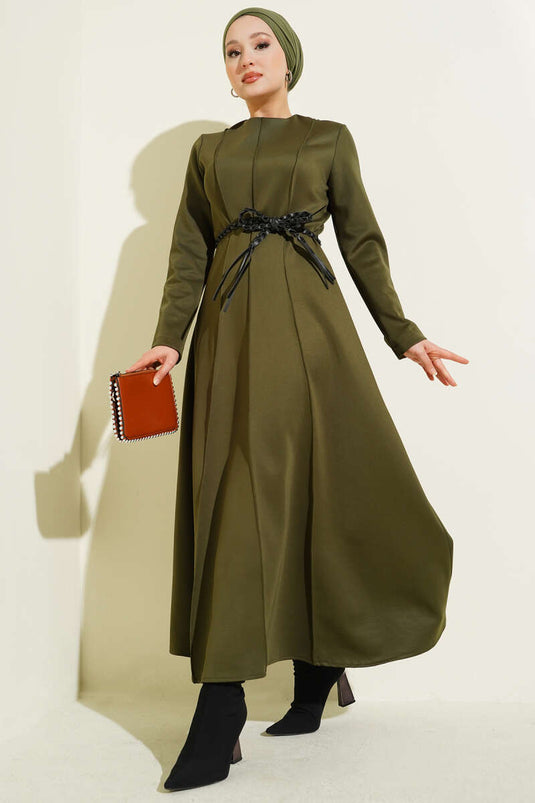 Scuba Leather Belted Dress Khaki