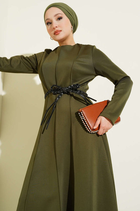 Scuba Leather Belted Dress Khaki
