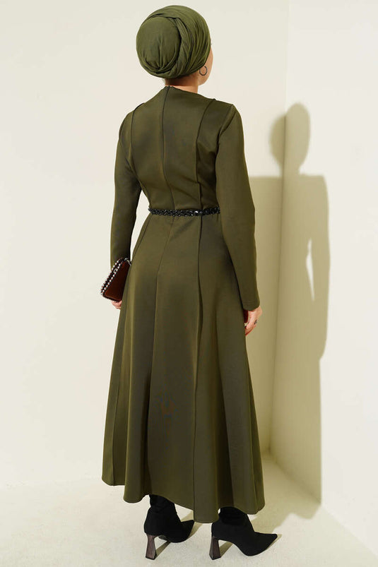 Scuba Leather Belted Dress Khaki