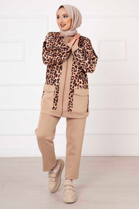 Scuba Leopard Print Two-Piece Set Beige