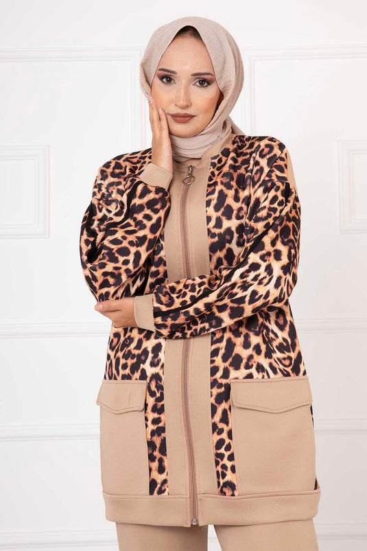 Scuba Leopard Print Two-Piece Set Beige