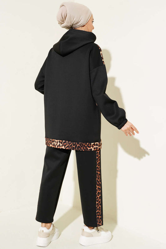 Scuba Leopard Print Stone Embellished Two-Piece Set Black