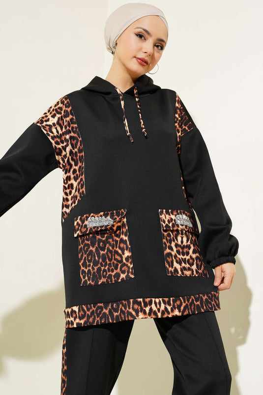 Scuba Leopard Print Stone Embellished Two-Piece Set Black