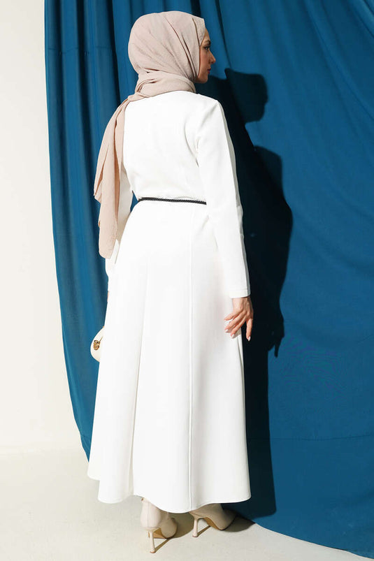 Abito con cintura e dettagli scuba color ecru