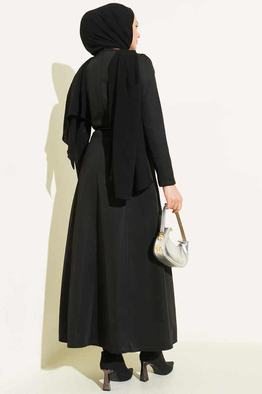 فستان بحزام مفصل من سكوبا باللون الأسود