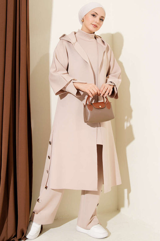 Scuba Long Cardigan Three-Piece Set Beige